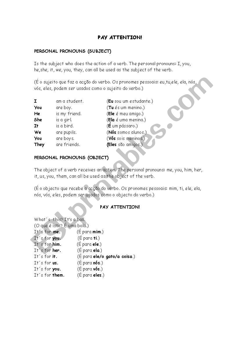Object and subject pronouns worksheet