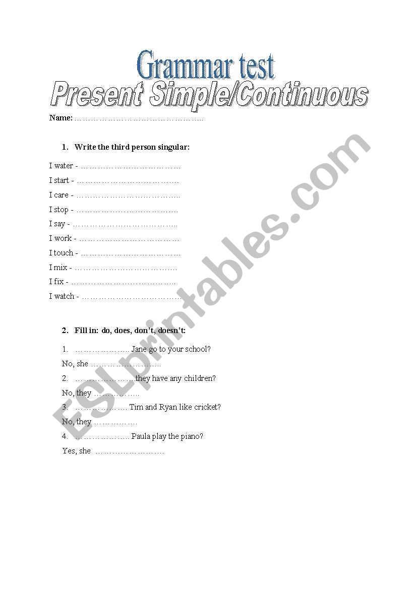 Grammar test worksheet