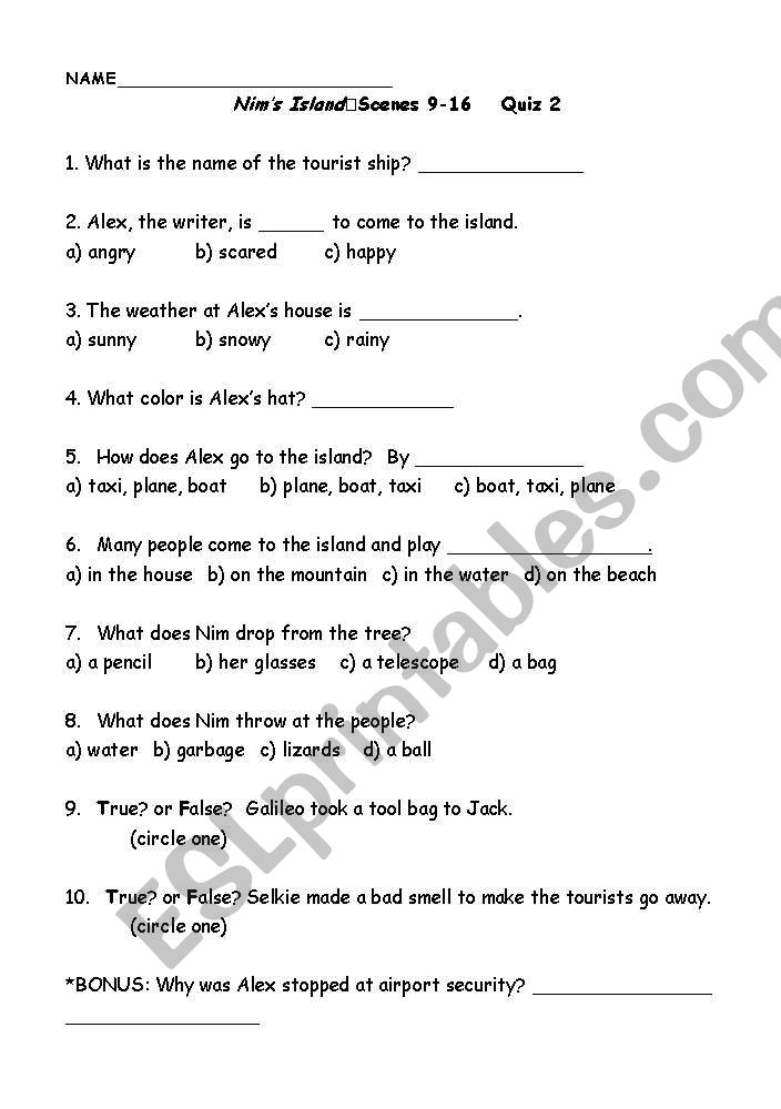 Nims Island Quiz 2 worksheet