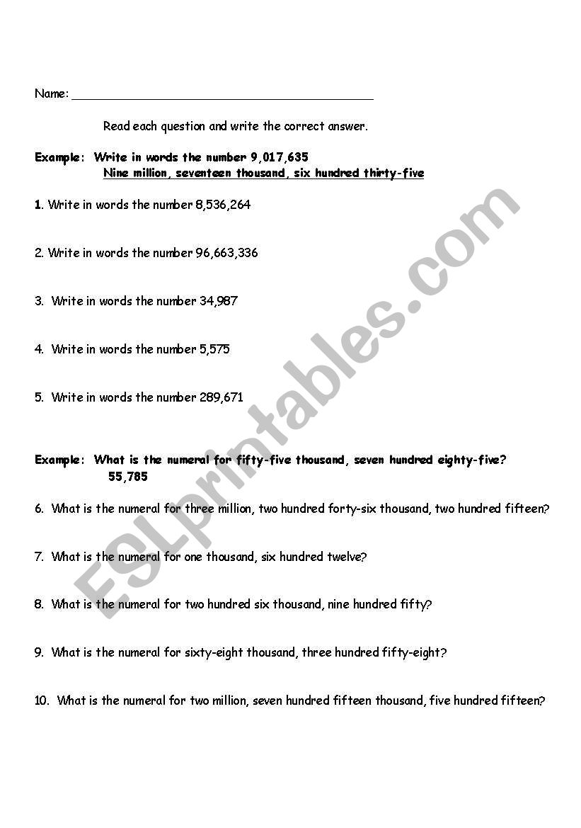 number words worksheet