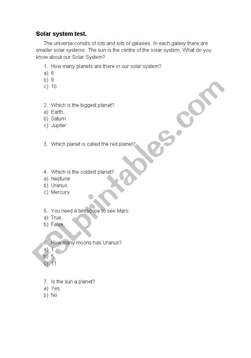 Solar system worksheet