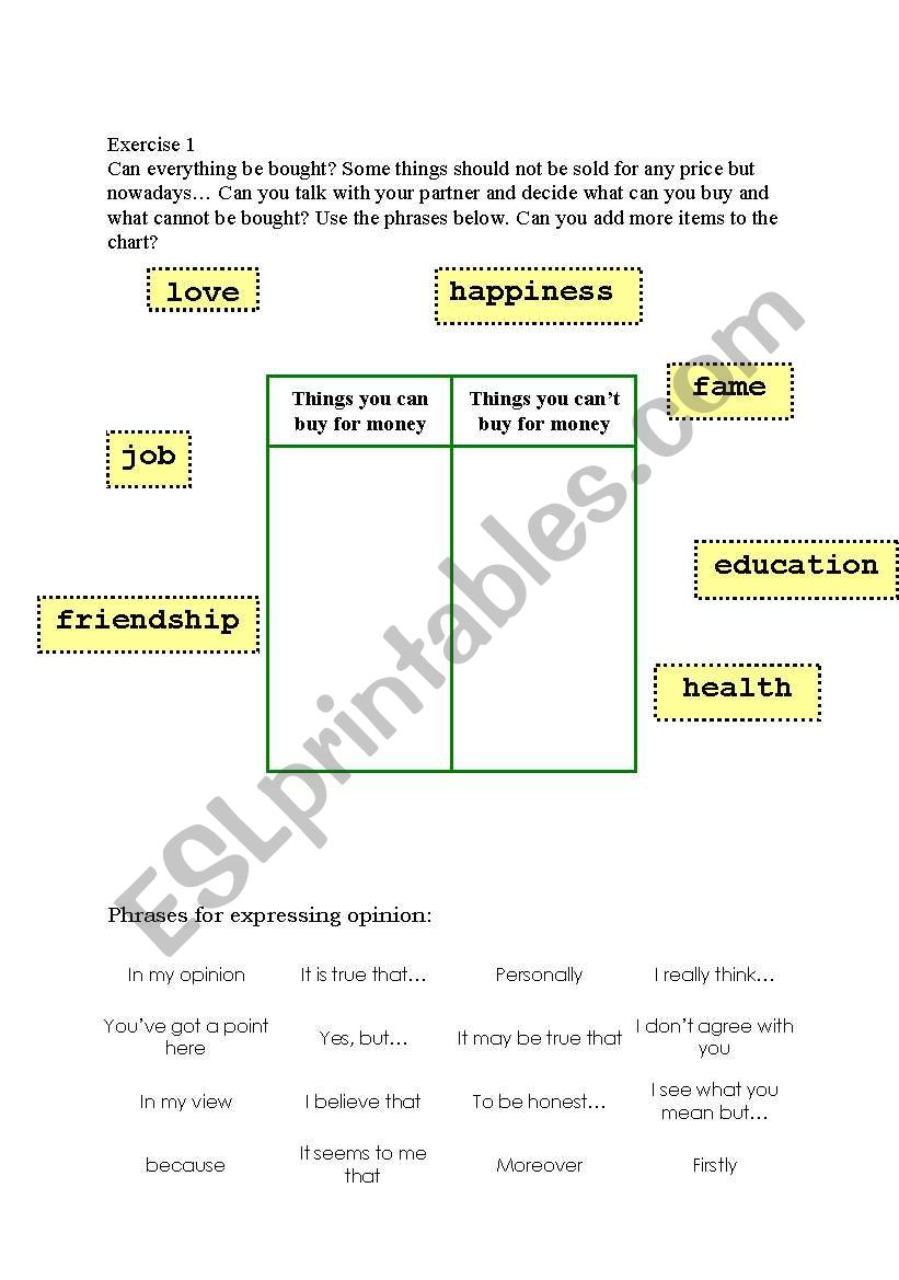 what can money buy worksheet