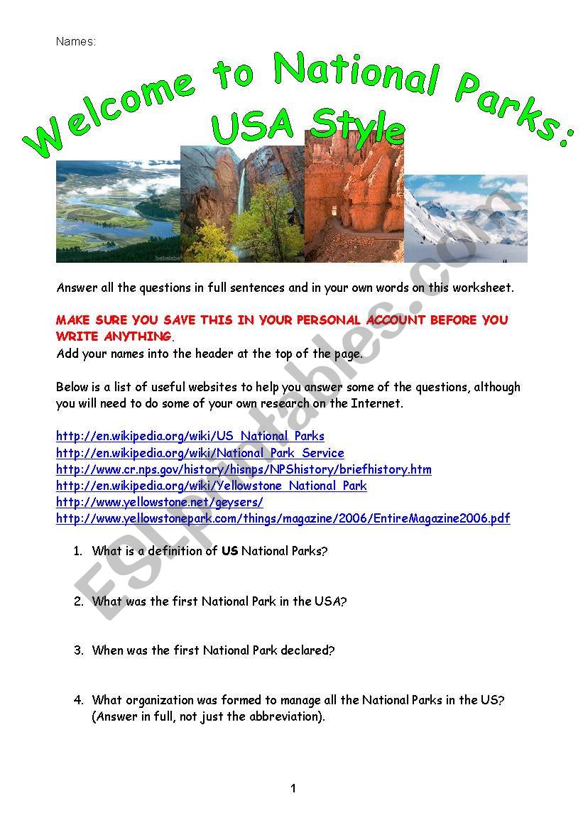 Welcome to National Parks worksheet