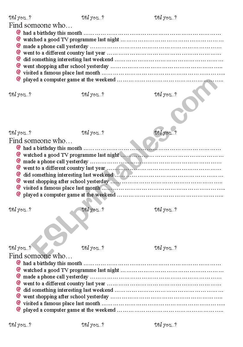 Mingle in the past worksheet