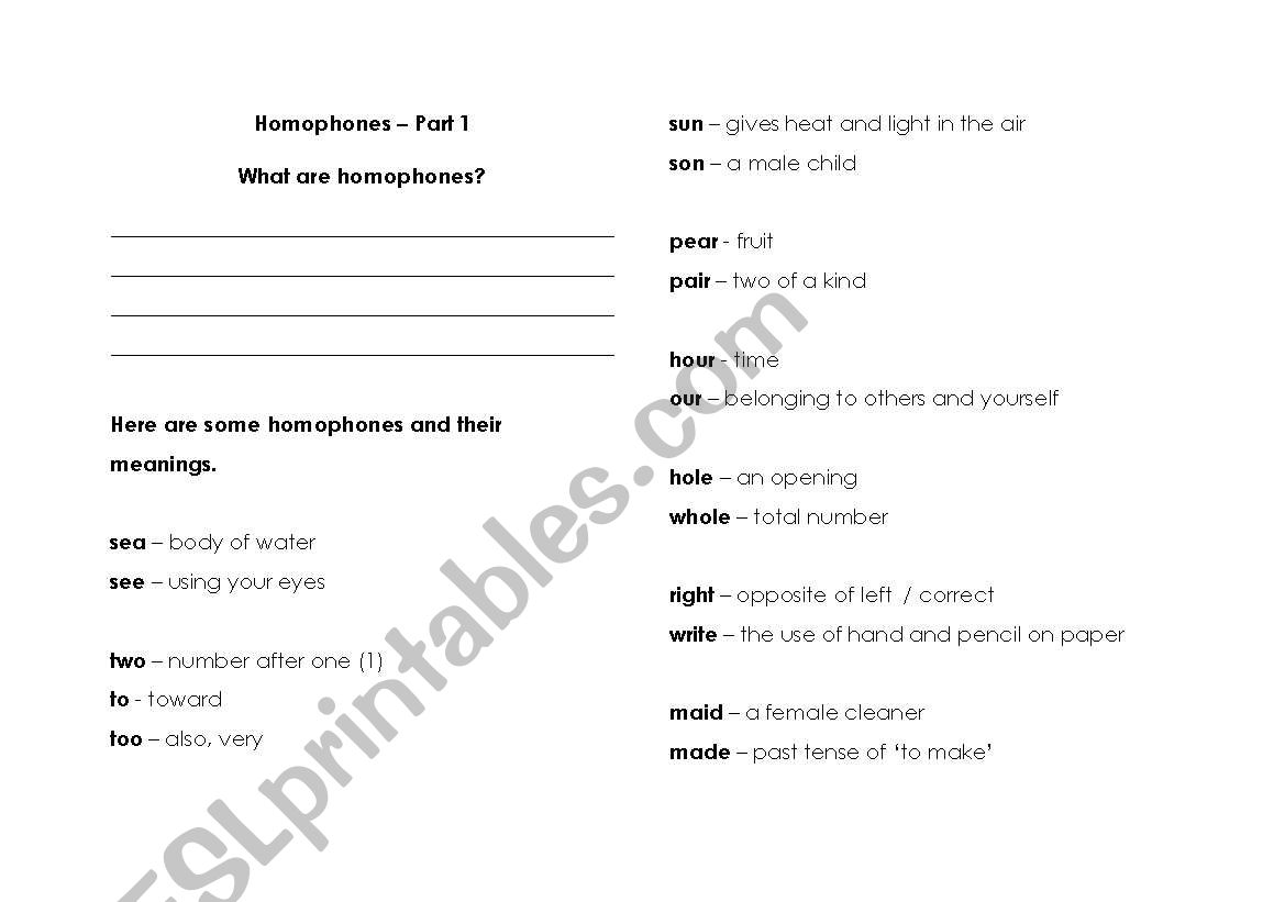 Homophones worksheet