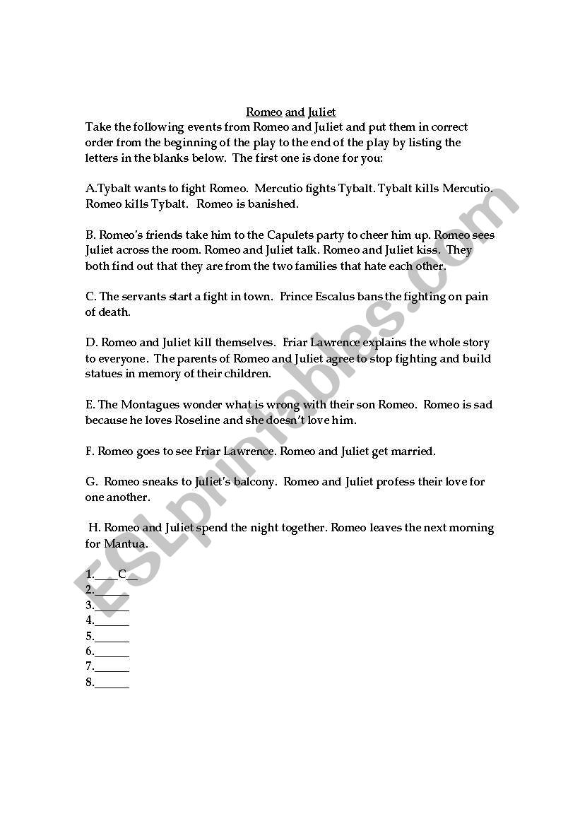 Romeo and Juliet Chronology Worksheet