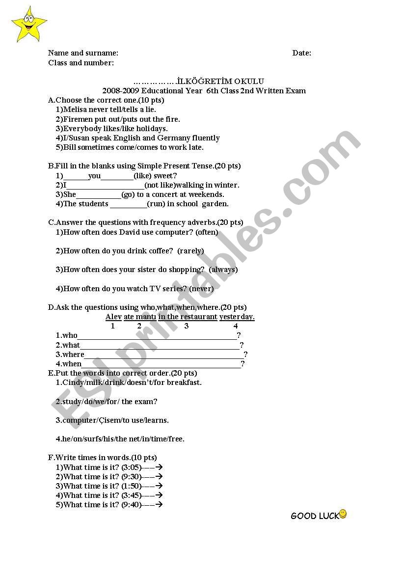 an exam for 6th grade worksheet