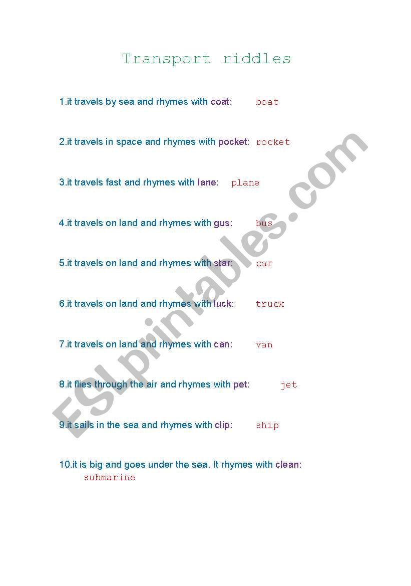 transport riddles worksheet