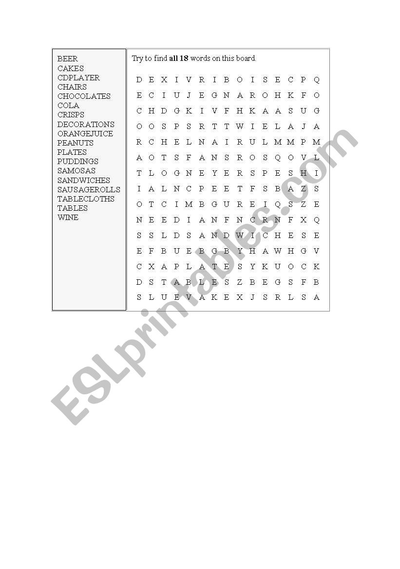 word search of parties worksheet