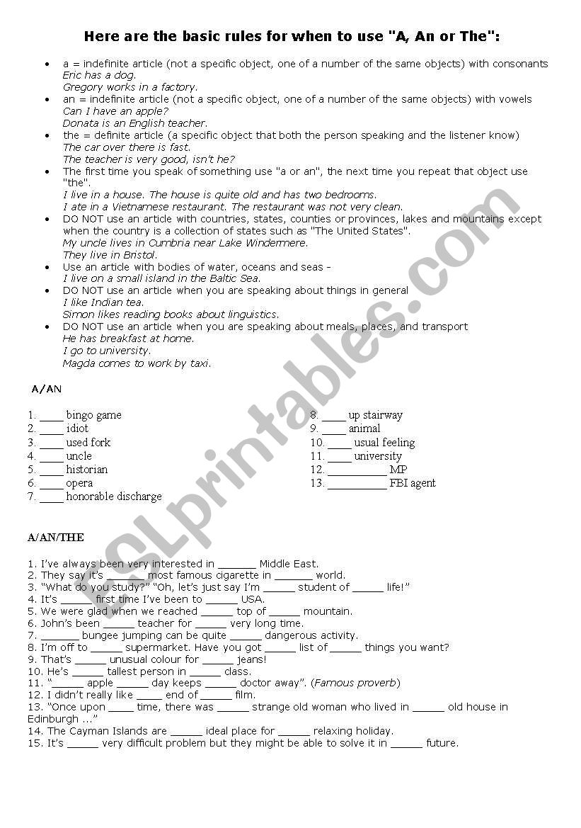 basic rules for articles worksheet