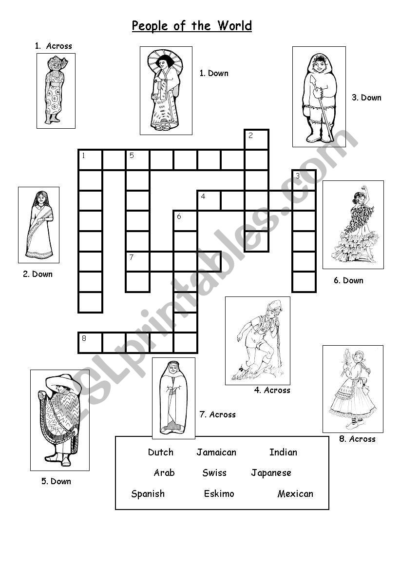 English worksheets: People around the world Crossword