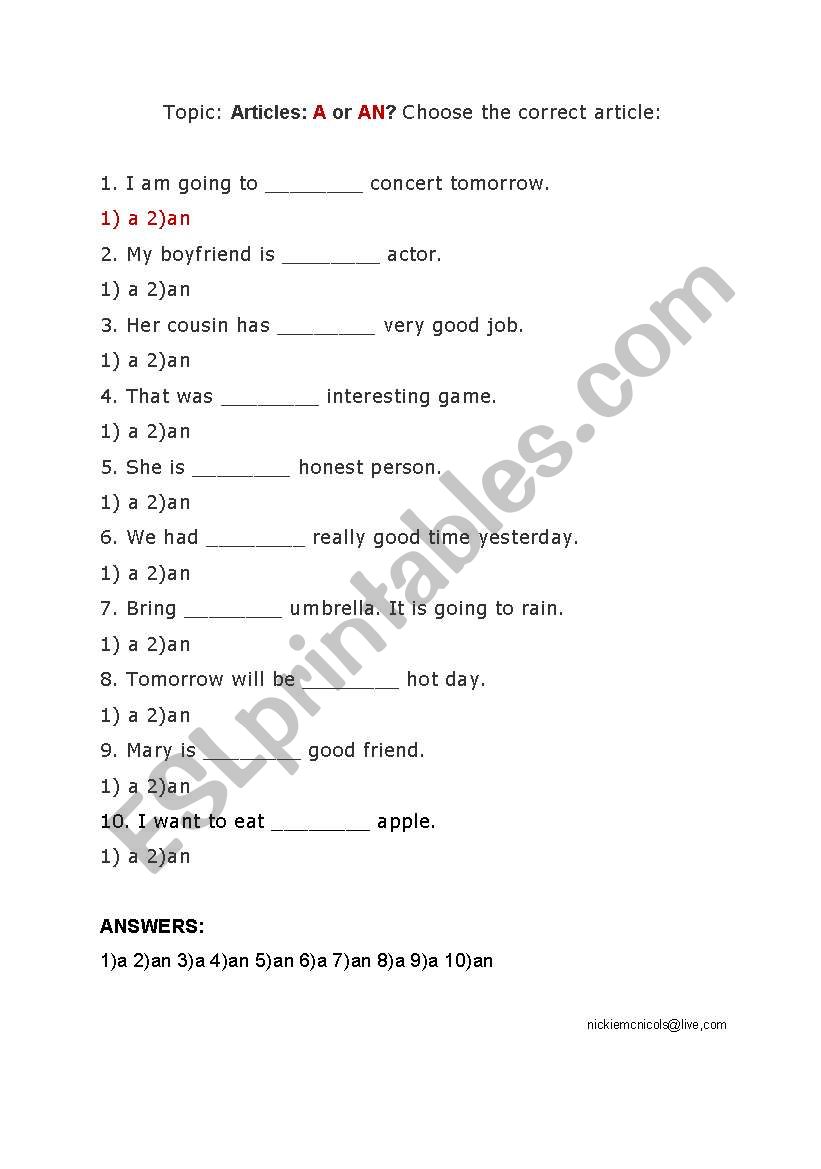 Articles A & An worksheet