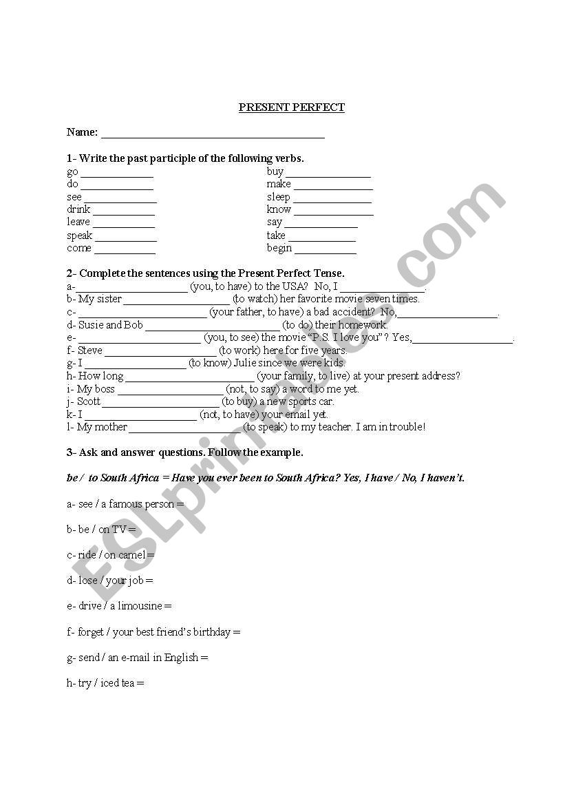 The Present Perfect Tense worksheet