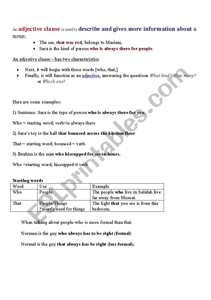 Adjective Clauses worksheet