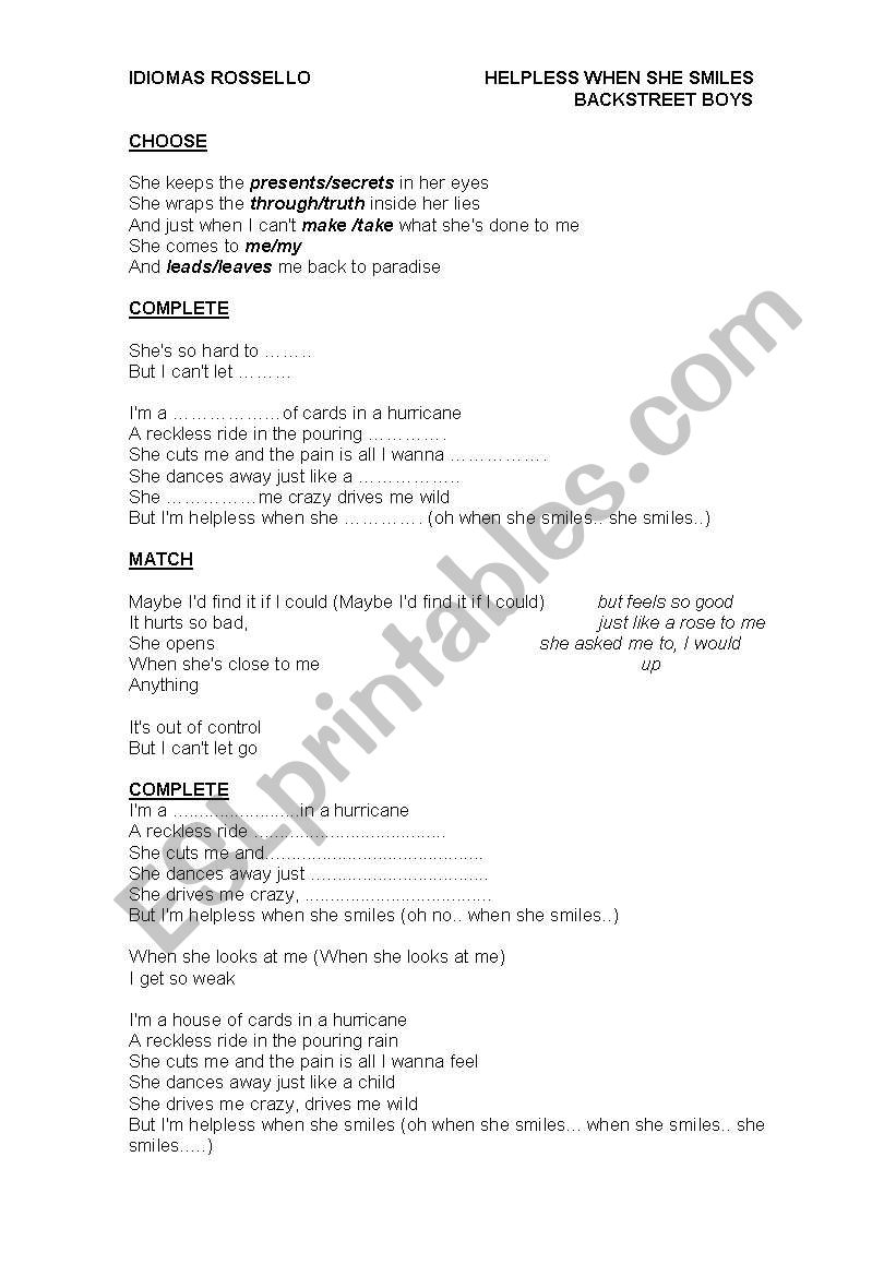 backstreet boys song worksheet