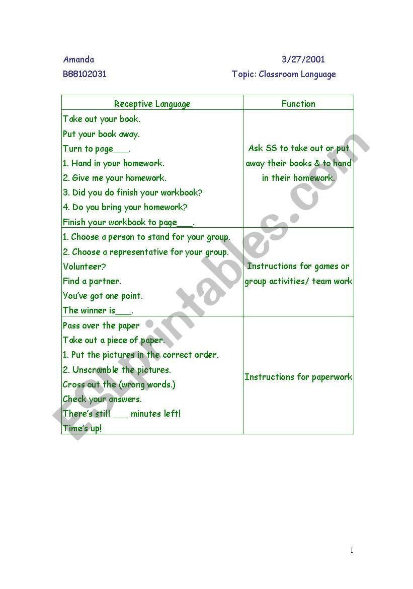 classroom language worksheet