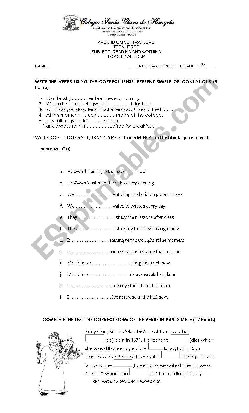 Exam about present simple / present continuous / past simple 