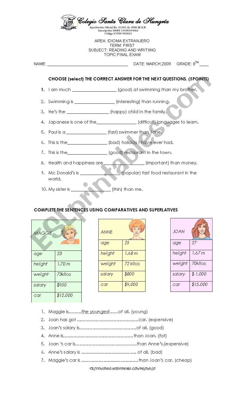 Comparisons exam worksheet