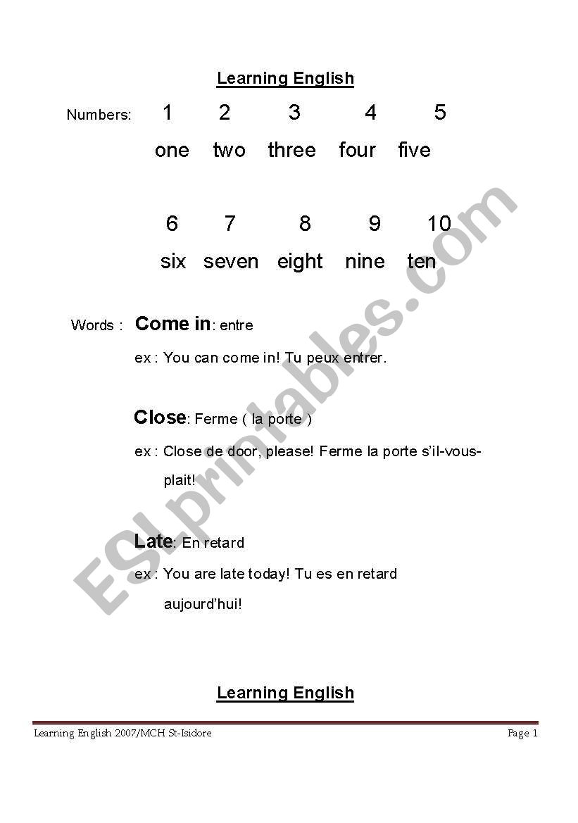 Learning English for beginner worksheet