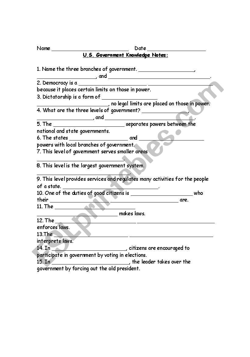 English worksheets: United States Government Throughout Forms Of Government Worksheet