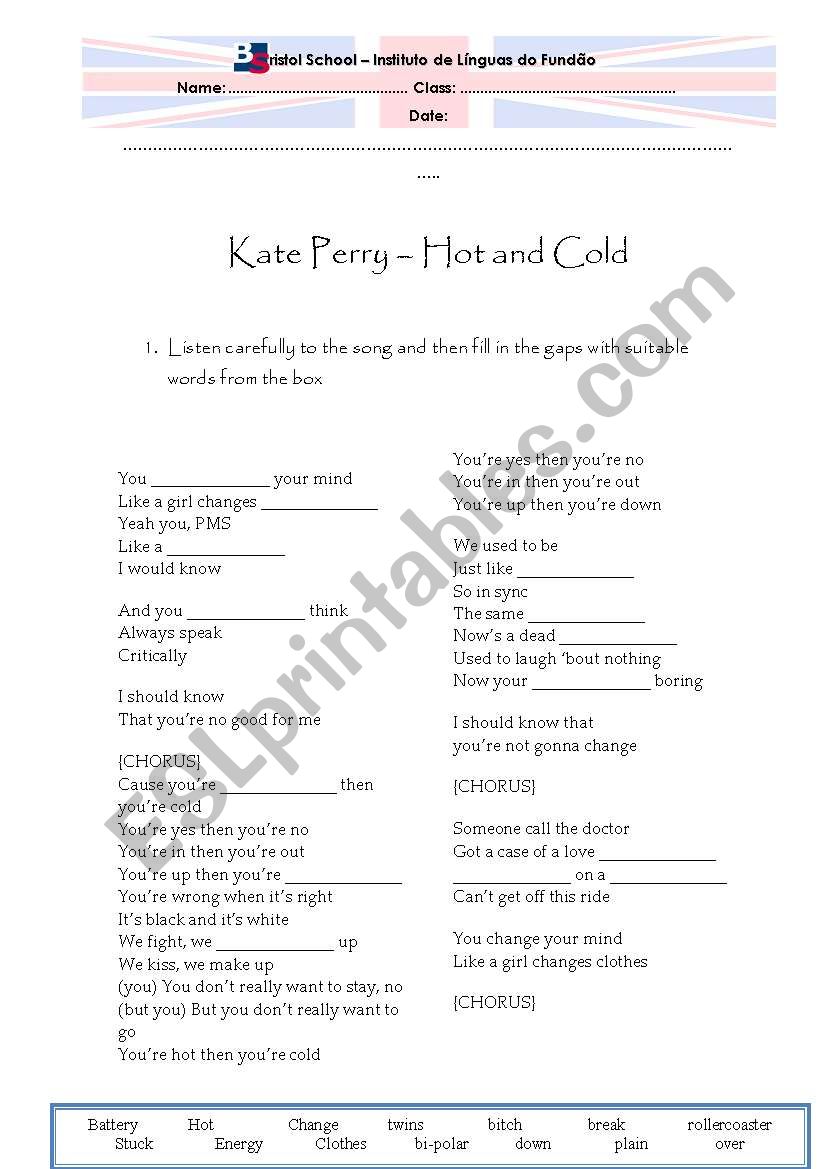 Kate Perry - Hot and cold worksheet