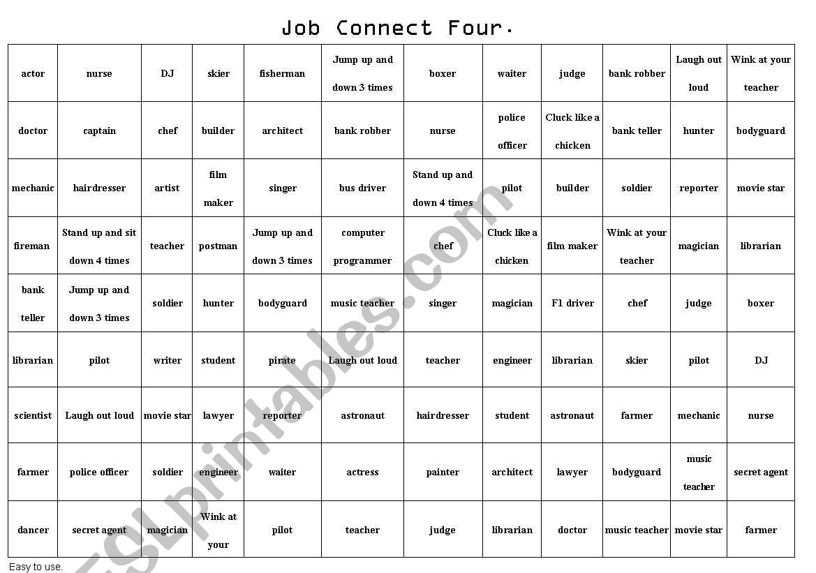 Jobs + Connect Four worksheet