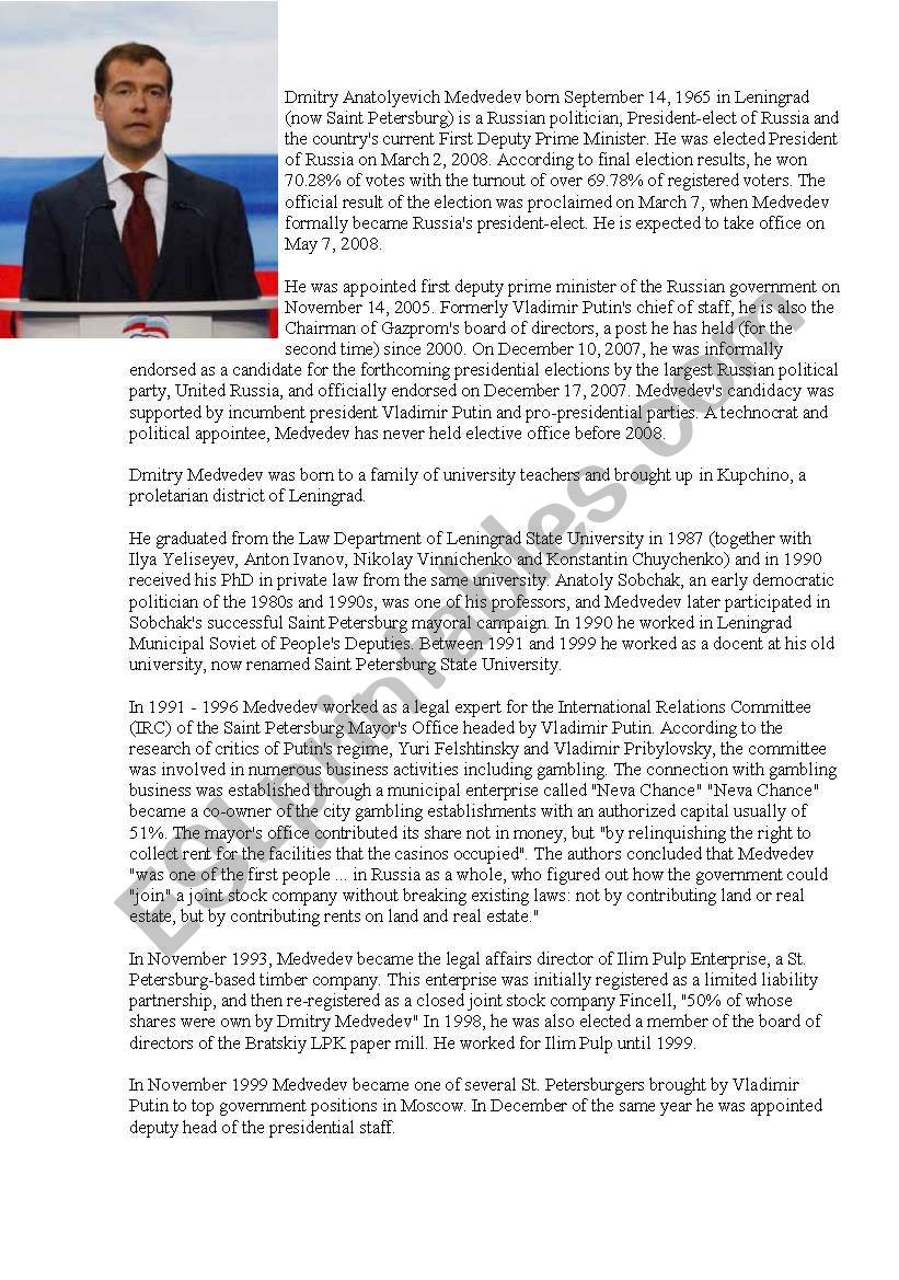 Biography of Dmitry Medvedev worksheet