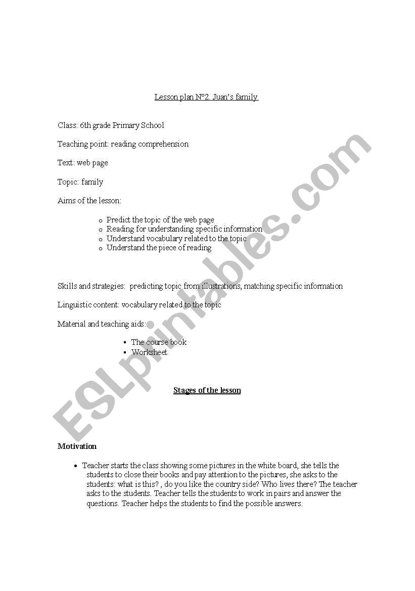 English worksheets: juan´s family lesson plan