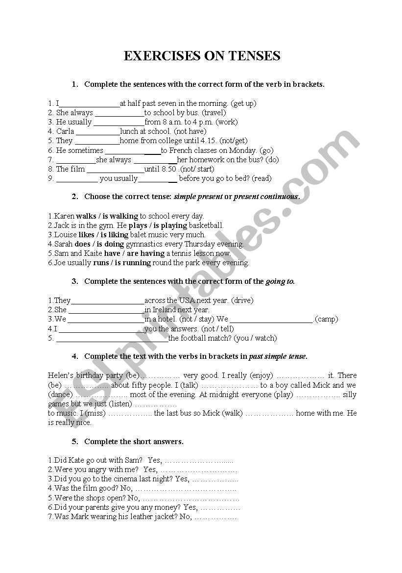 Exercises on Tenses worksheet