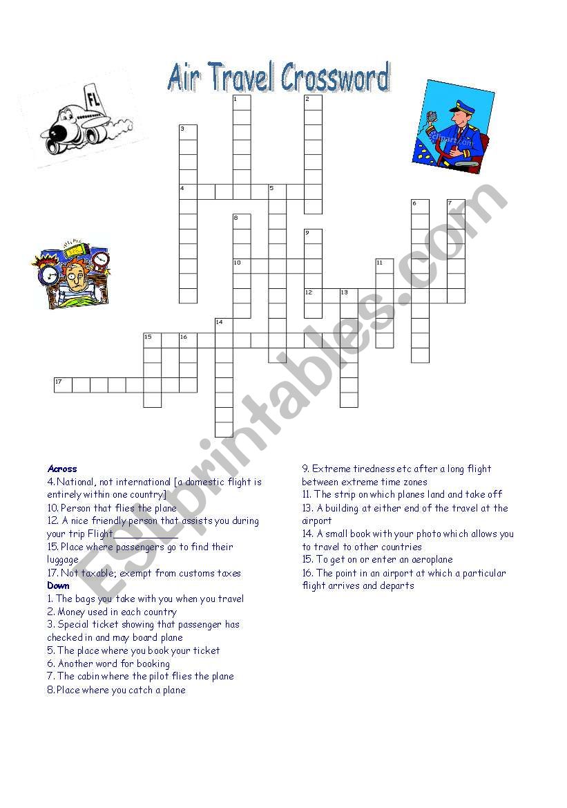 Air Travel Crossword with KEY ESL worksheet by Lidiana73
