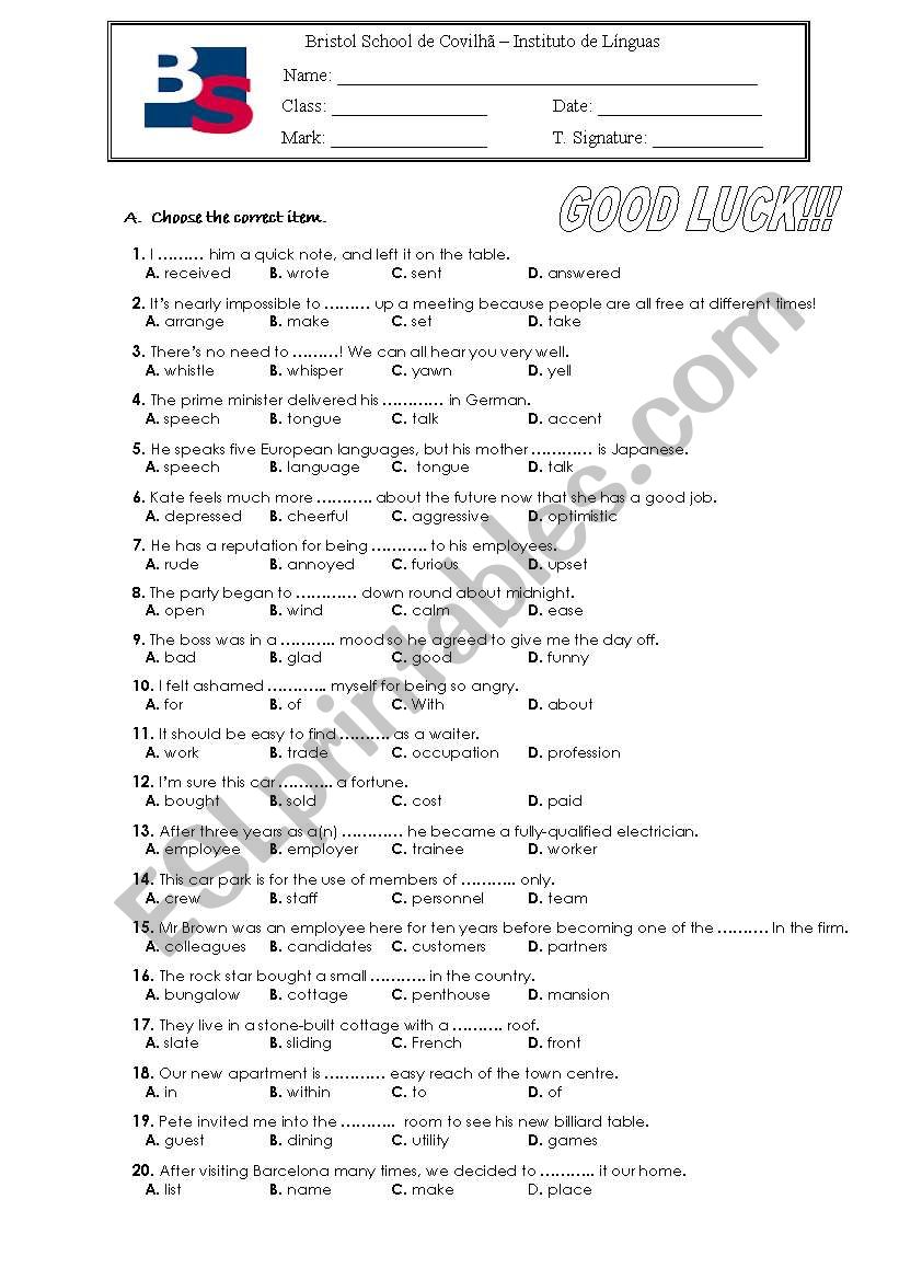 Multiple Choice Test ESL Worksheet By Verita