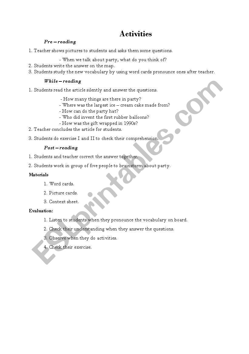 Party  worksheet