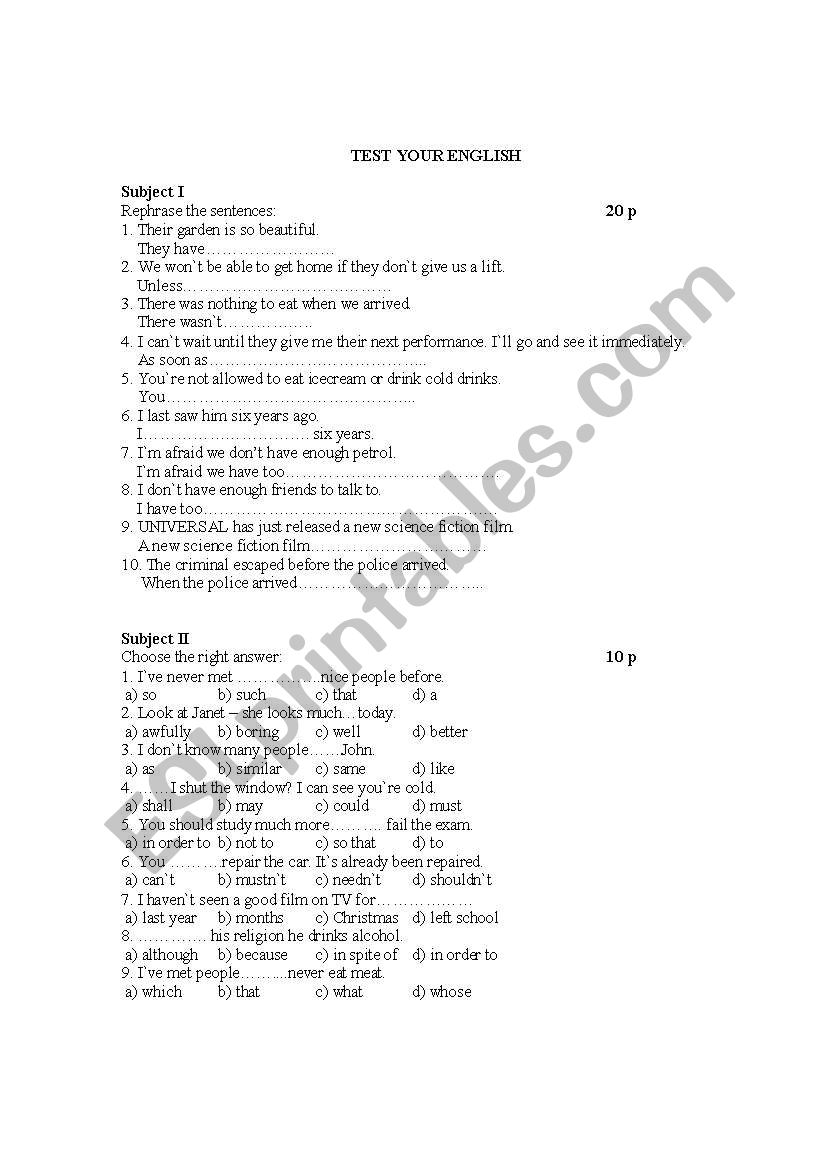 Test your English worksheet