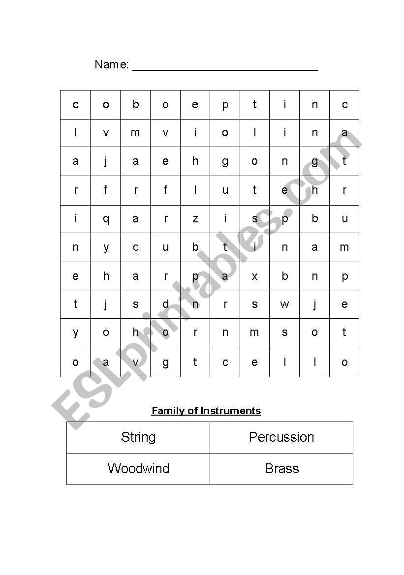 Instruments - Word Find worksheet