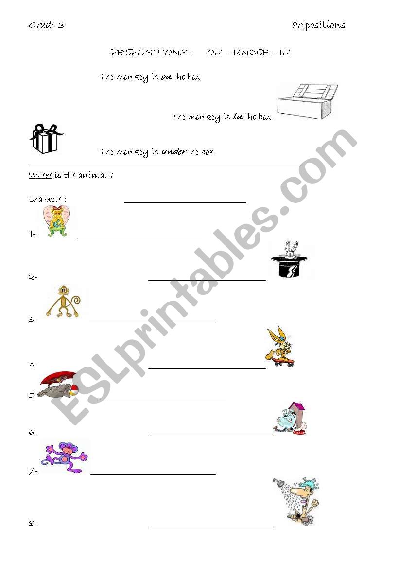 Prepositions on - under - in worksheet