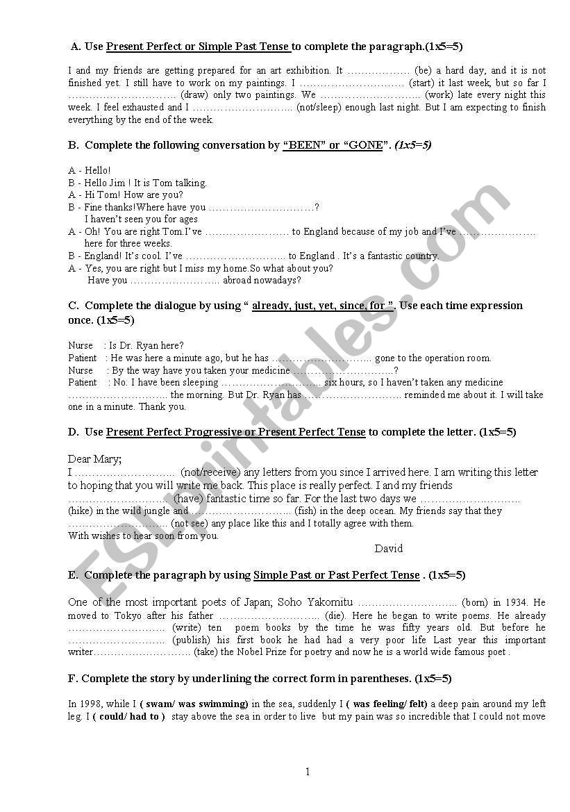 Mixed exercises worksheet