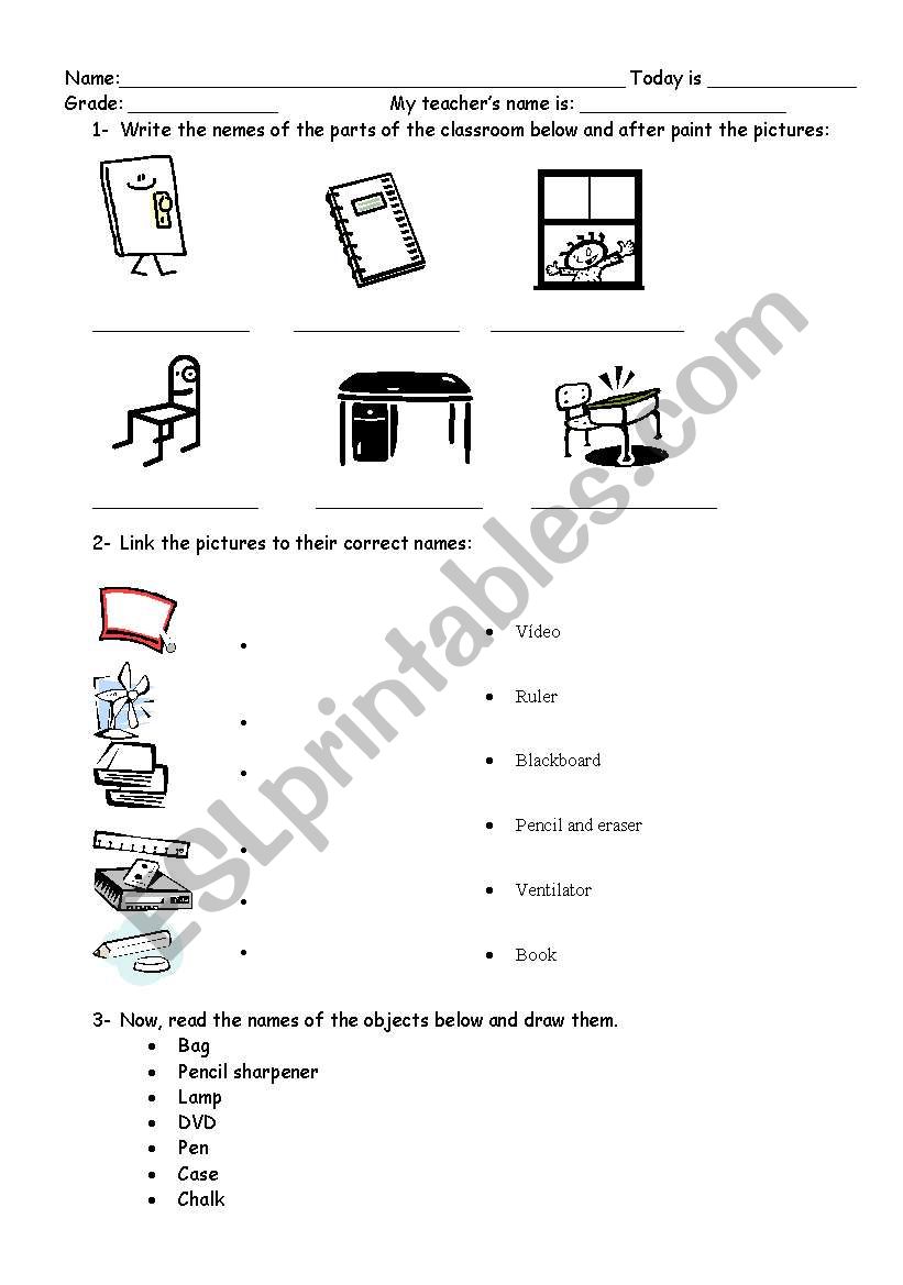 Activity about the parts of the classroom