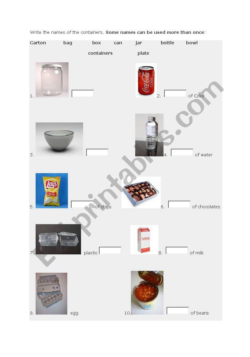 food and containers worksheet