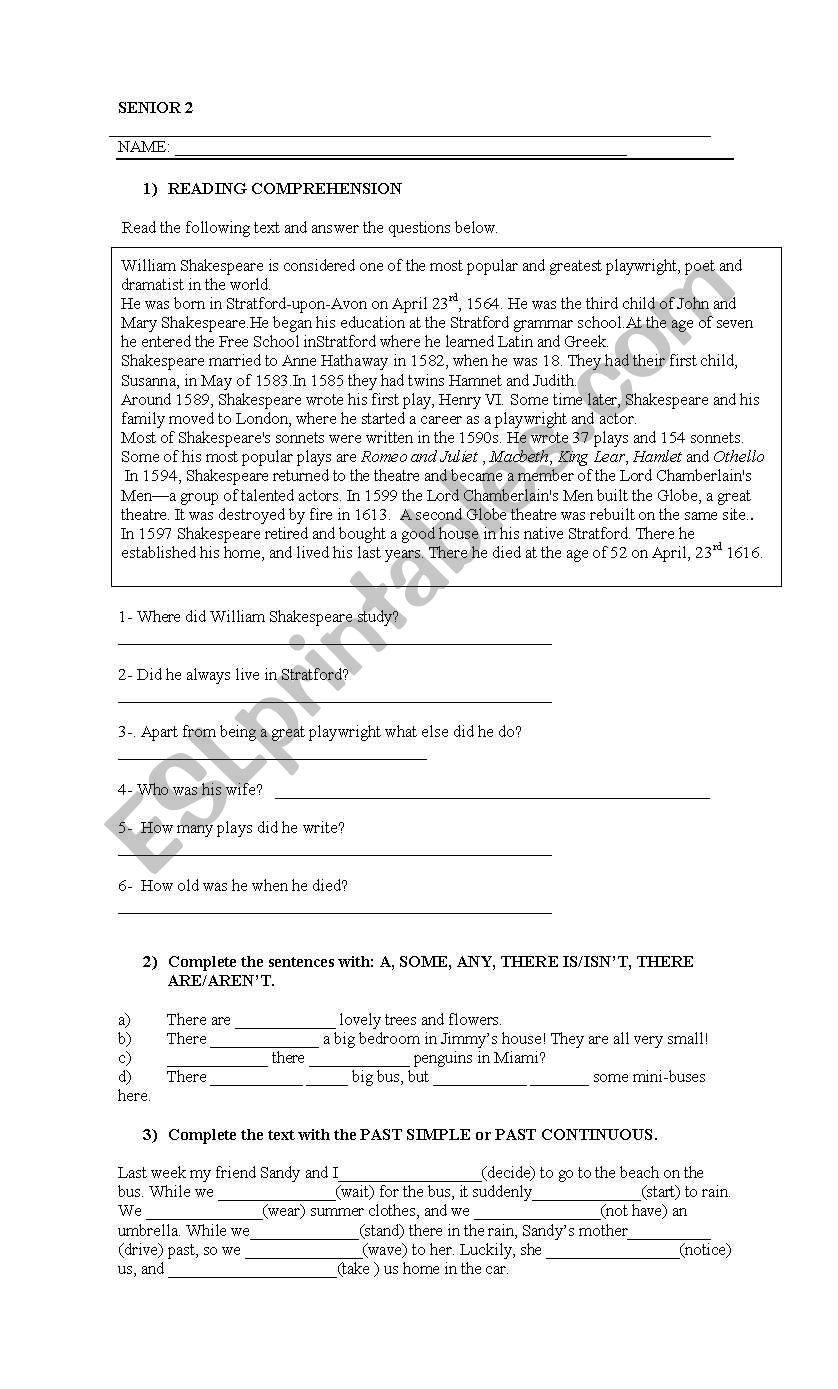 TEST Senior students worksheet