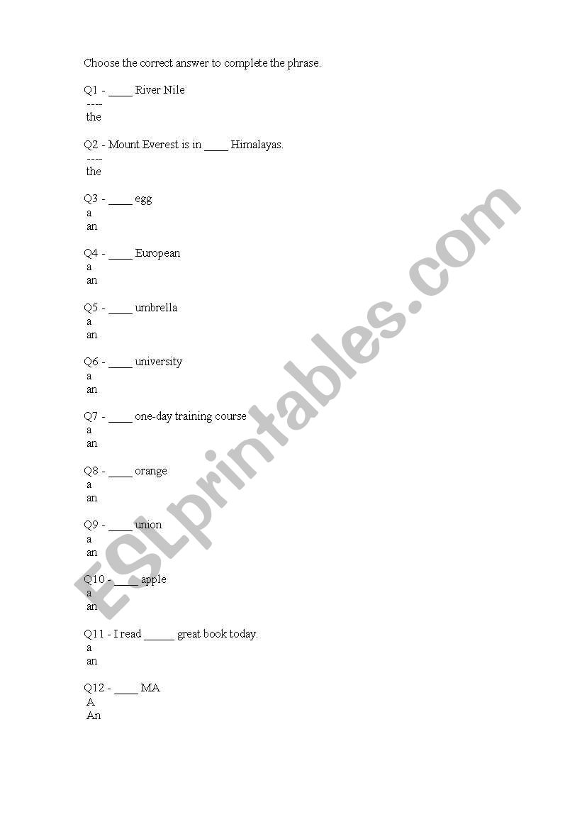 Article test worksheet