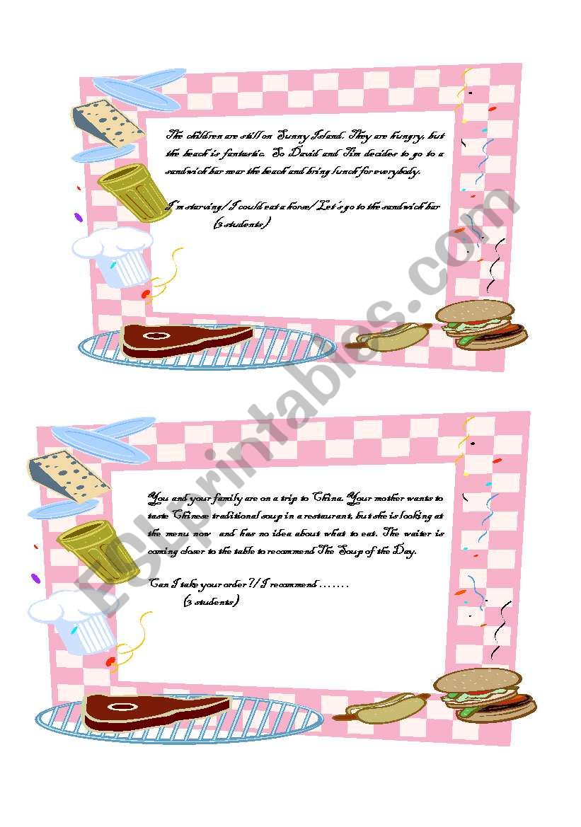 food order cards worksheet