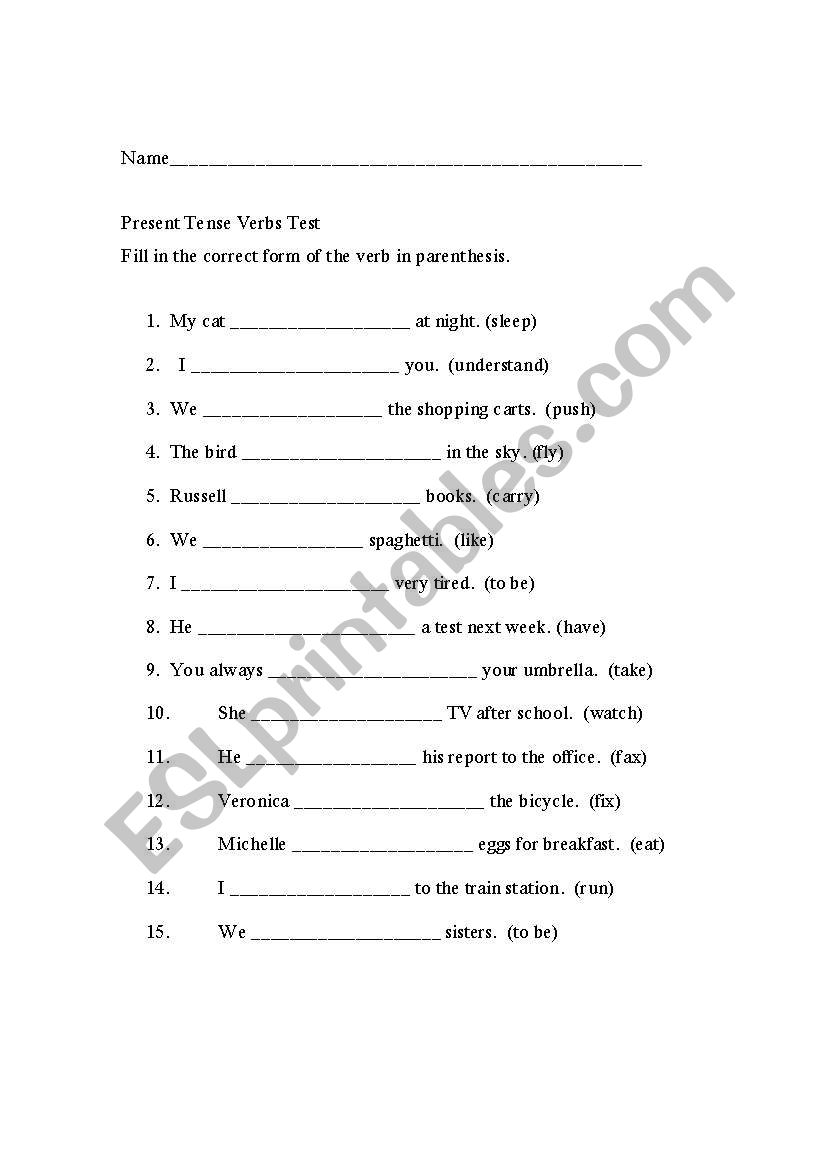 Simple Present Tense Verb Quiz or Worksheet