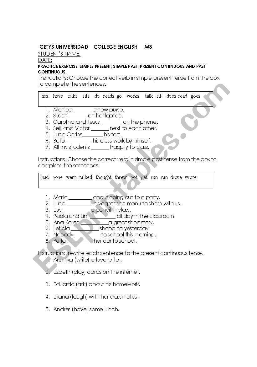 PRACTICE EXERCISE: SIMPLE  PRESENT; SIMPLE PAST; PRESENT CONTINUOUS AND PAST CONTINUOUS.