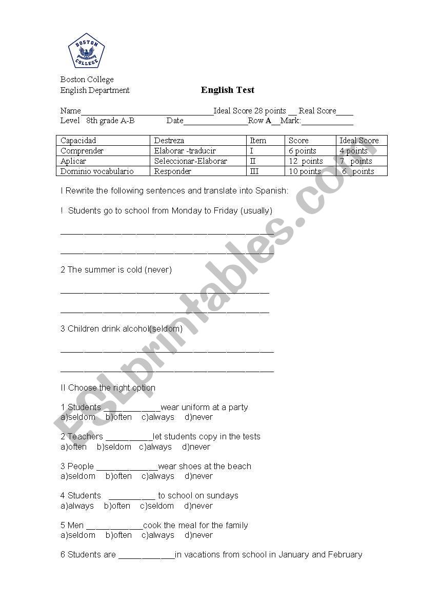 Frequency adverbs worksheet