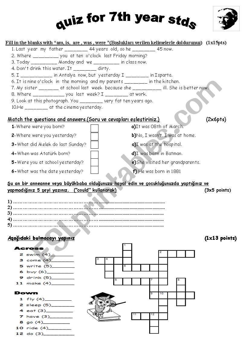 7thyear quiz worksheet