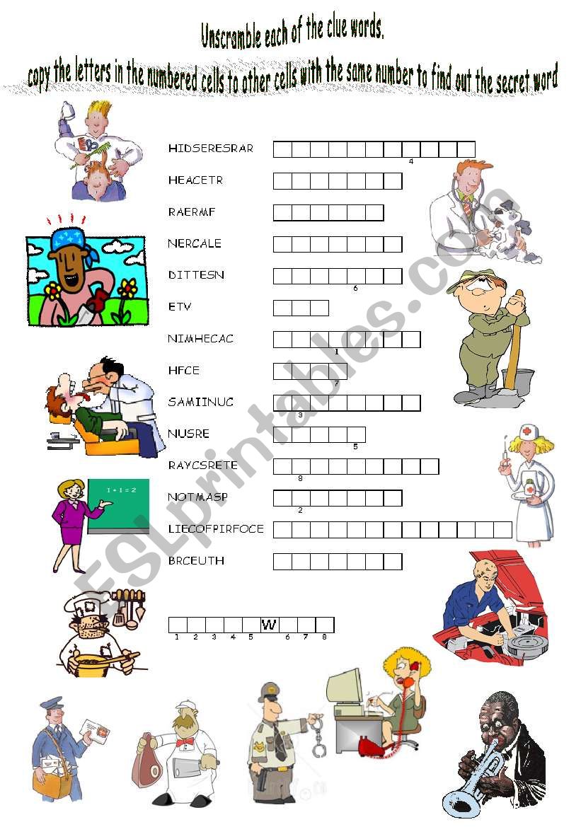 find the secret word to practise jobs vocabulary esl worksheet by el samreyah