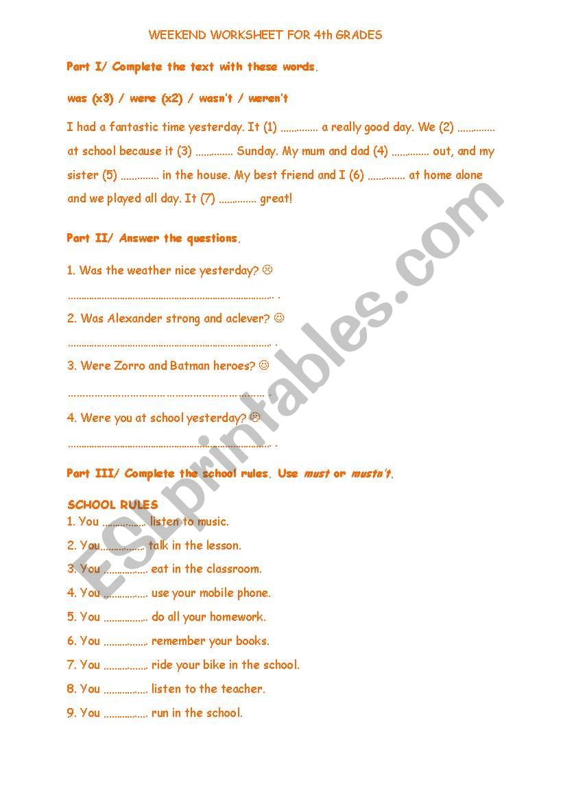 Worksheet about was/were, adjectives and imperatives