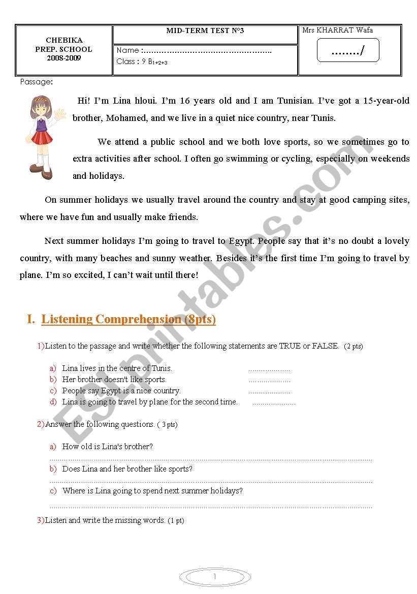 MID TERM TEST N°3 - ESL worksheet by wafakharrat