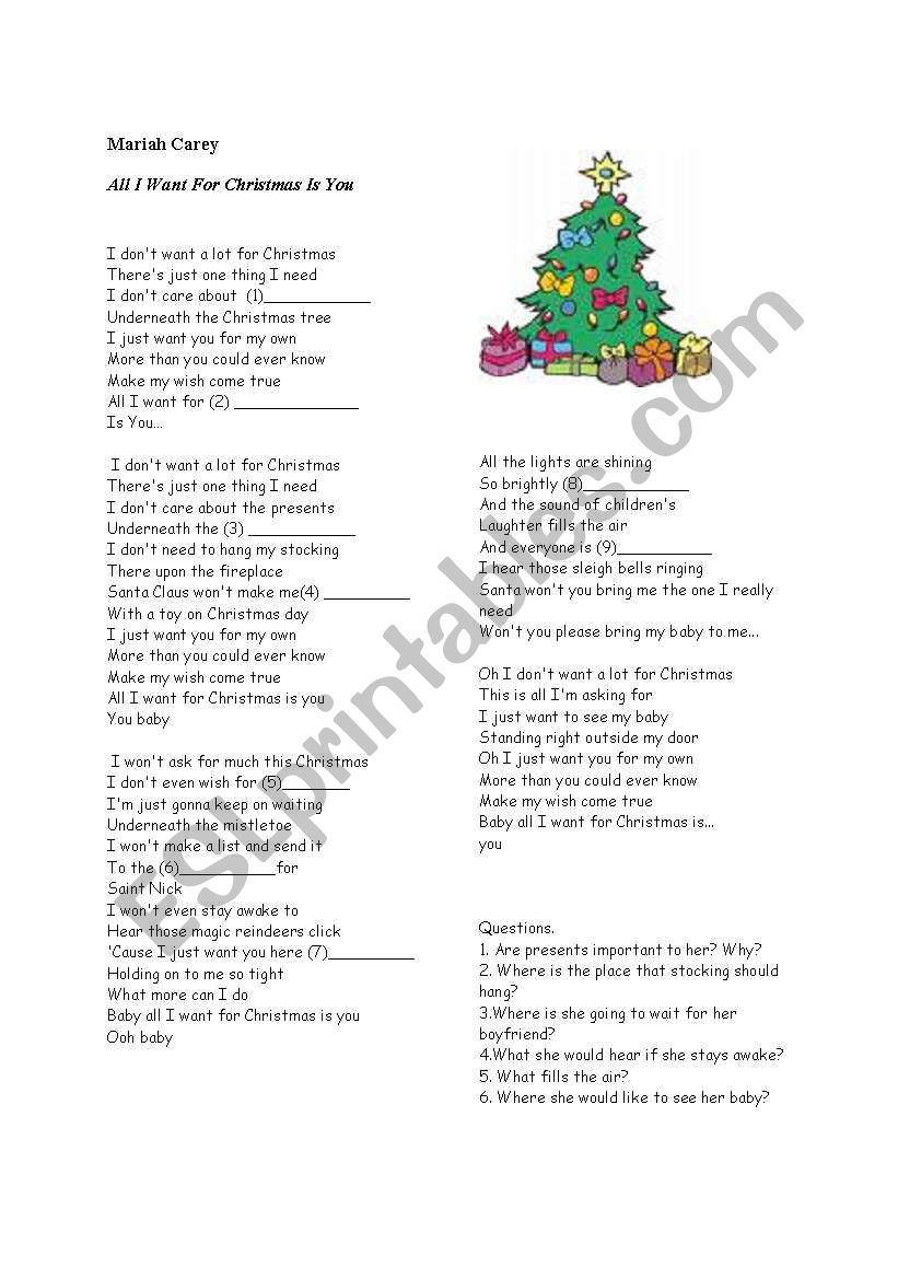 Christmas song- filling the gaps + comprehension questions