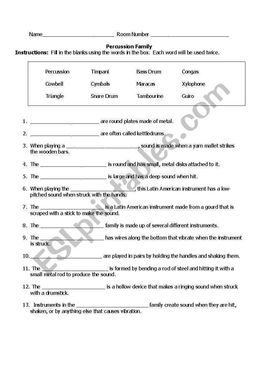 Percussion Family Worksheet worksheet